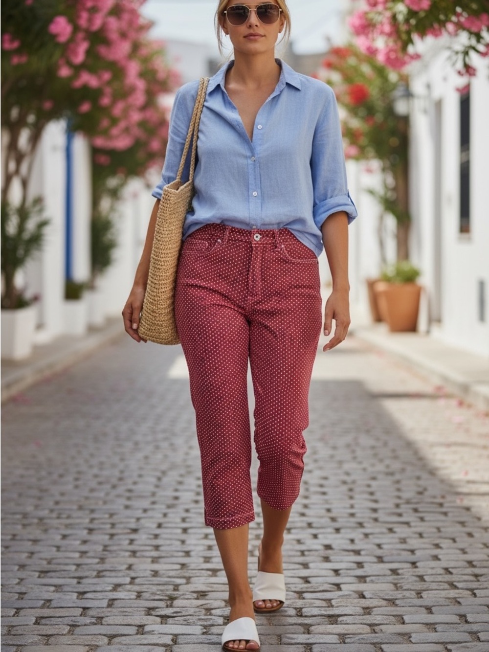 Vintage Ralph Lauren Rose Wine Pink Red White Dot Cropped Capris Mid Rise Jeans